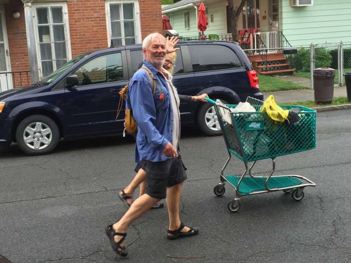Bringing groceries to the boat in Waterford. The store lets you take the cart more than a 1/2 mile to the visitor center