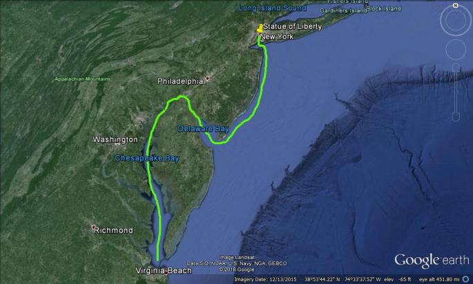New York City to Virginia Beach - Approximately 450 Miles