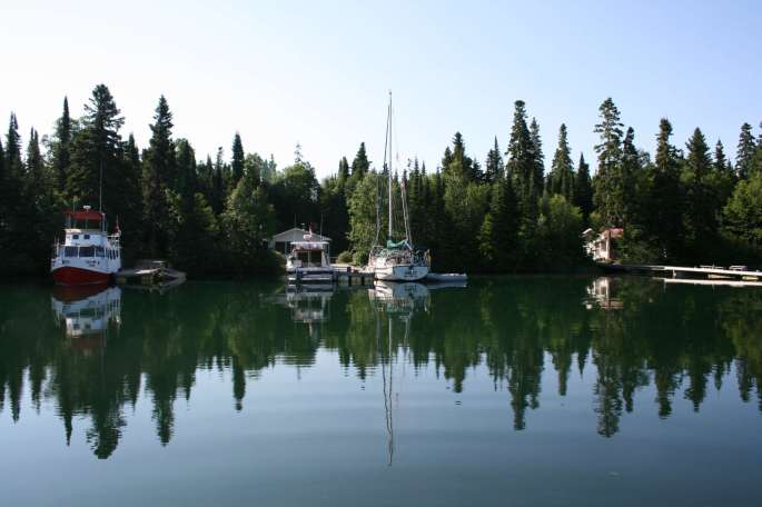 Looking Across the Harbour - Bunkhouse on the left & sauna on the right